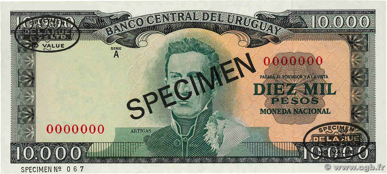 10000 Pesos Spécimen URUGUAY  1967 P.051s UNC
