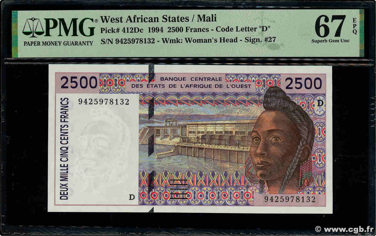 2500 Francs ESTADOS DEL OESTE AFRICANO  1994 P.412Dc FDC