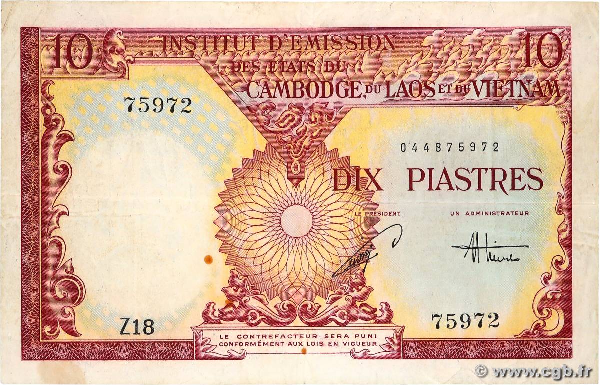 10 Piastres - 10 Dong INDOCHINE FRANÇAISE  1953 P.107 TTB