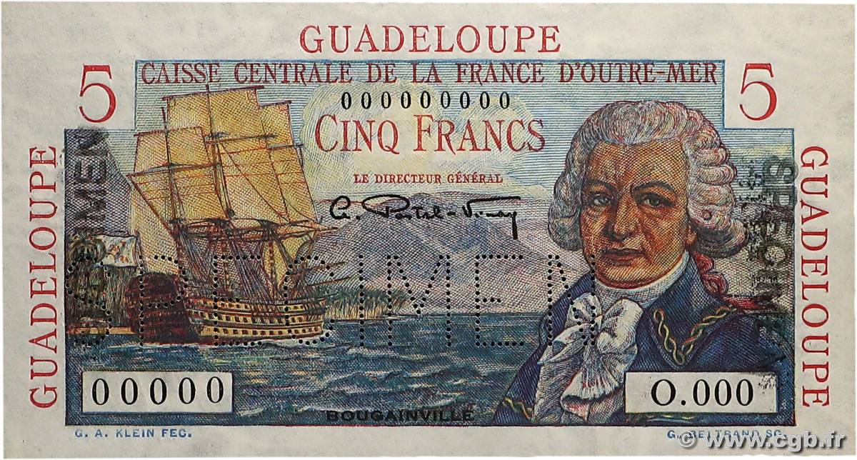 5 Francs Bougainville Spécimen GUADELOUPE  1946 P.31s UNC-