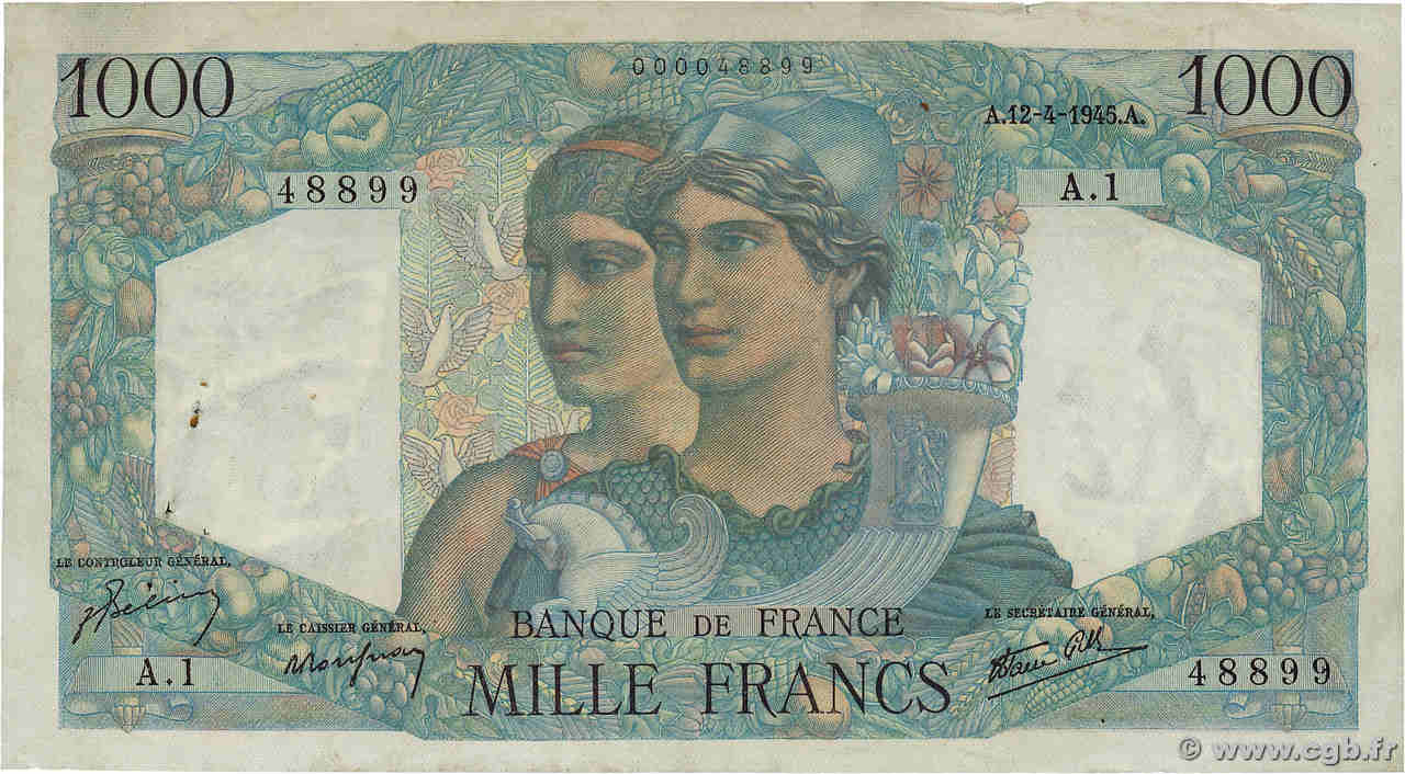 1000 Francs MINERVE ET HERCULE Petit numéro FRANCE  1945 F.41.01A1 TTB