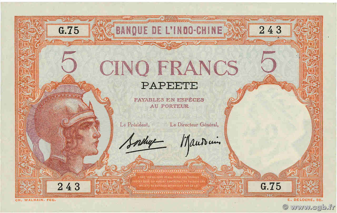 5 Francs TAHITI  1936 P.11c fST