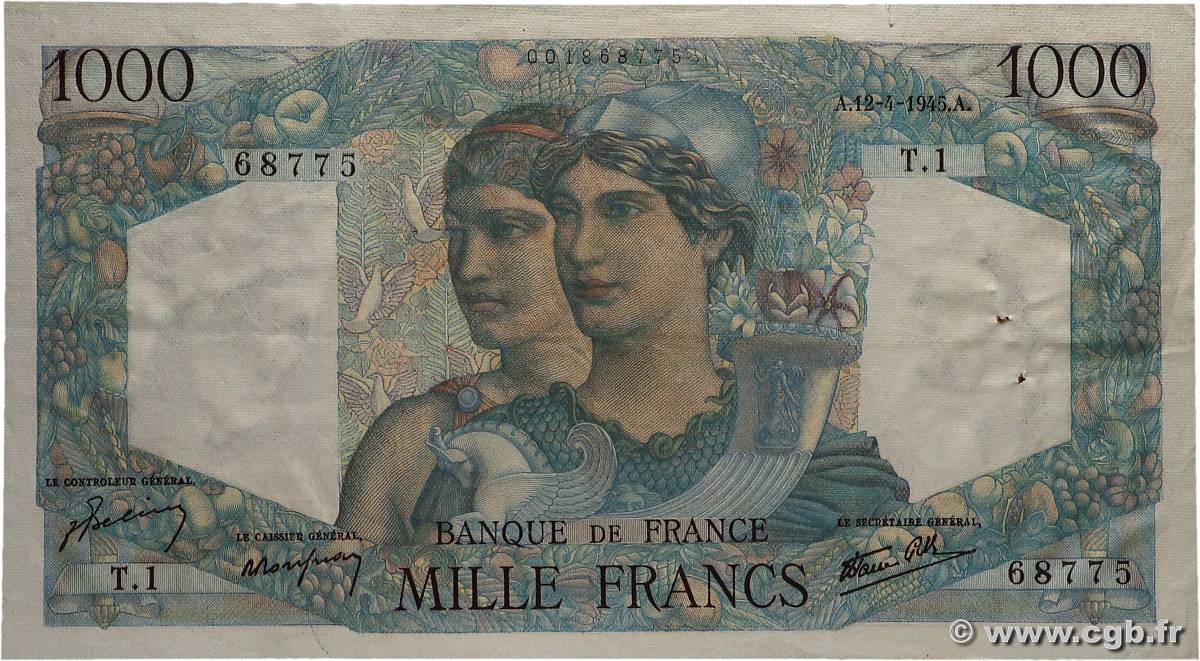 1000 Francs MINERVE ET HERCULE FRANCE  1945 F.41.01 TTB+