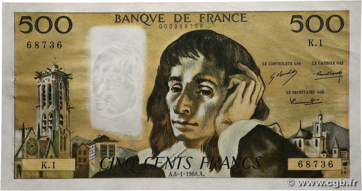 500 Francs PASCAL FRANCE  1968 F.71.01 pr.SPL