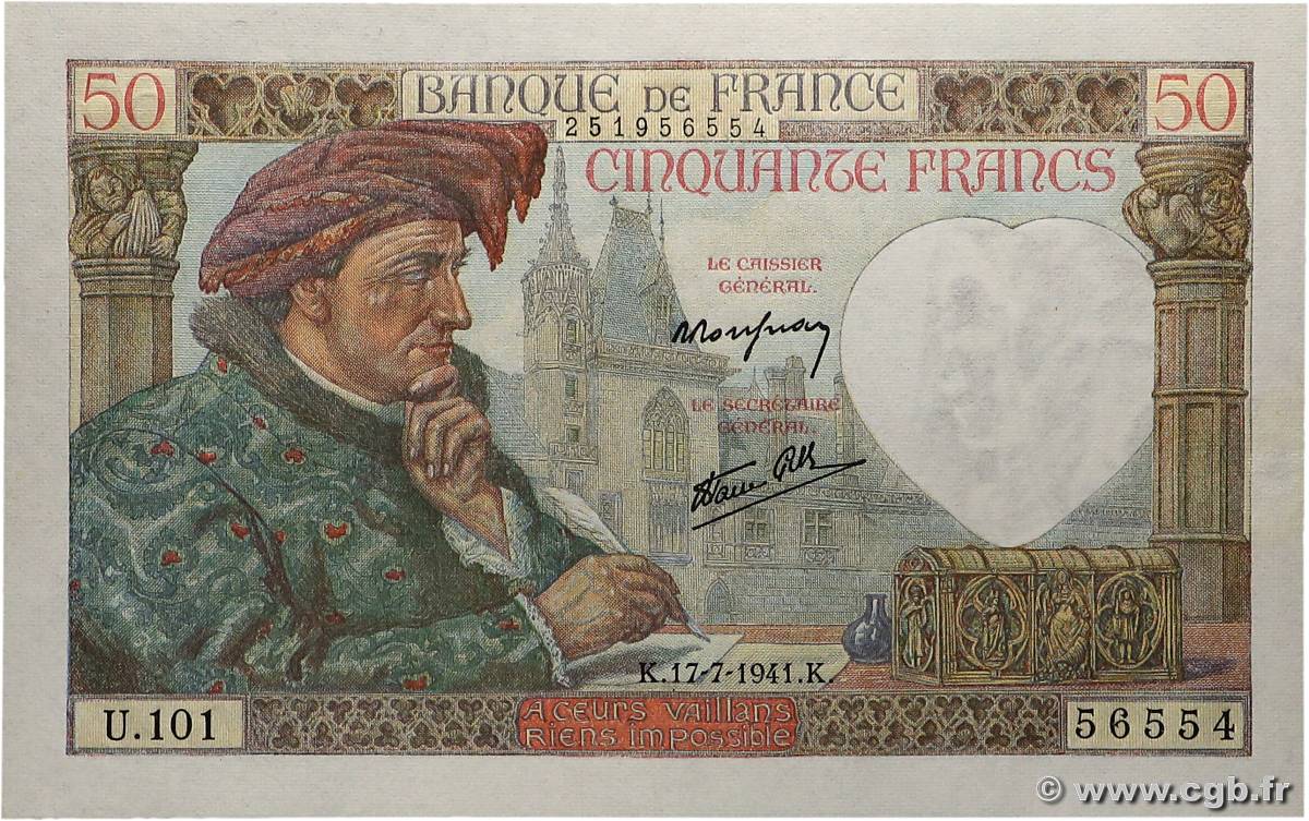 50 Francs JACQUES CŒUR FRANCIA  1941 F.19.12 q.FDC