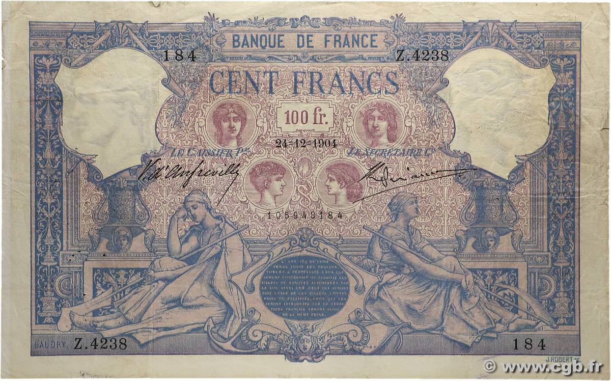 100 Francs BLEU ET ROSE FRANCE  1904 F.21.18 TB