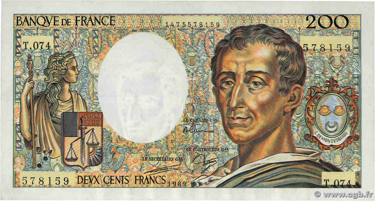 200 Francs MONTESQUIEU Fauté FRANCIA  1989 F.70.09 q.SPL