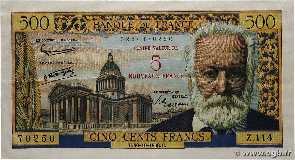 5 NF sur 500 Francs Victor HUGO FRANCE  1958 F.52.01 pr.SUP