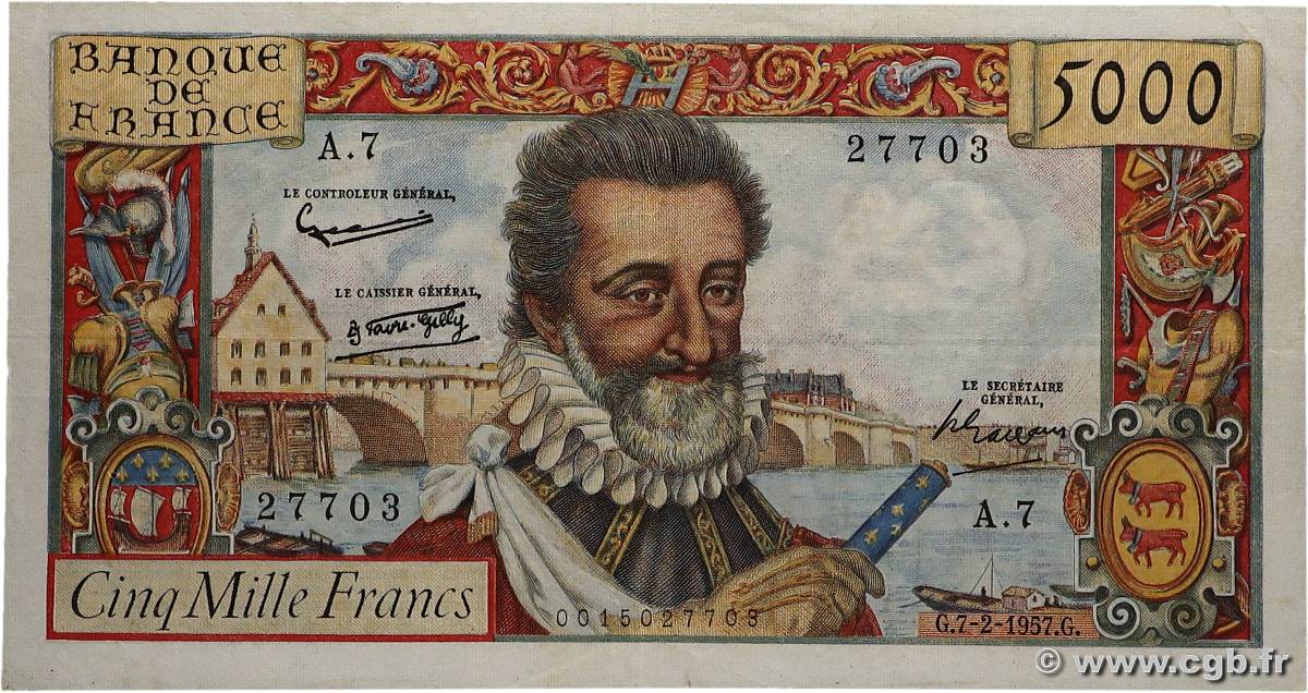 5000 Francs HENRI IV FRANCE  1957 F.49.01 TTB