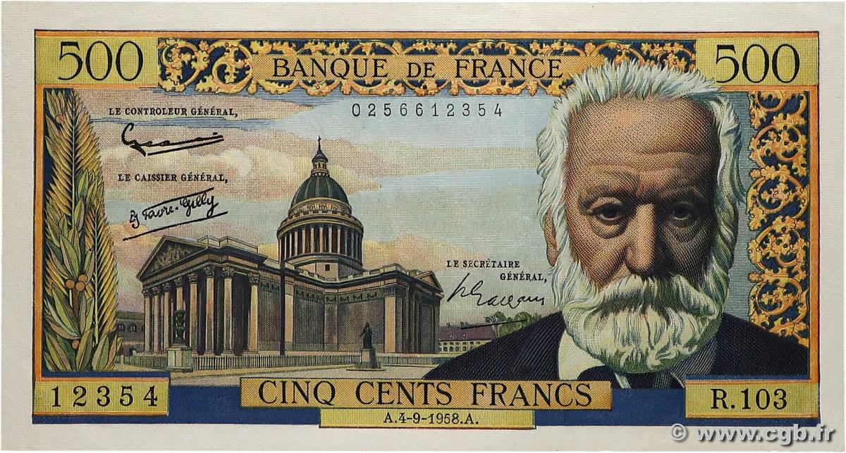 500 Francs VICTOR HUGO FRANCE  1958 F.35.10 SUP+