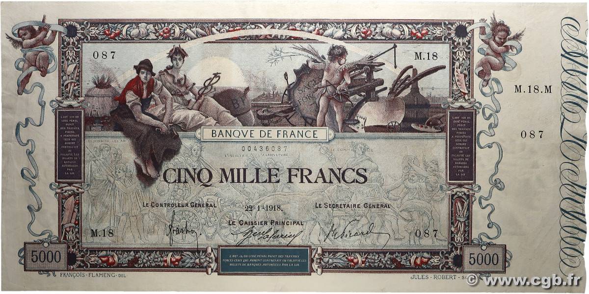 5000 Francs FLAMENG FRANCE  1918 F.43.01 TTB