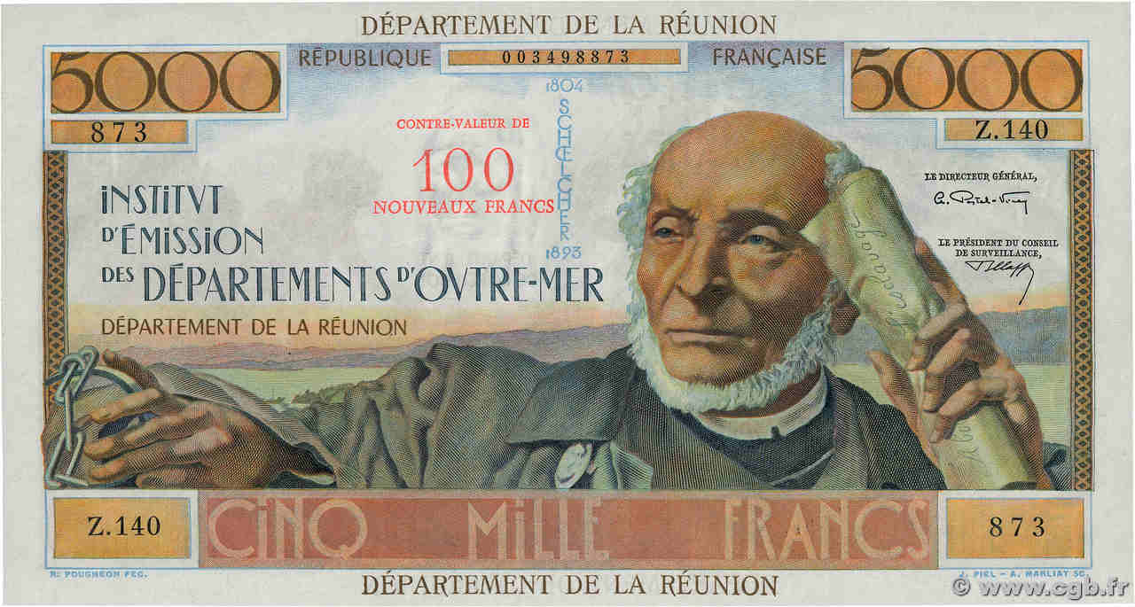 100 NF sur 5000 Francs Schoelcher ÎLE DE LA RÉUNION  1971 P.56b pr.NEUF