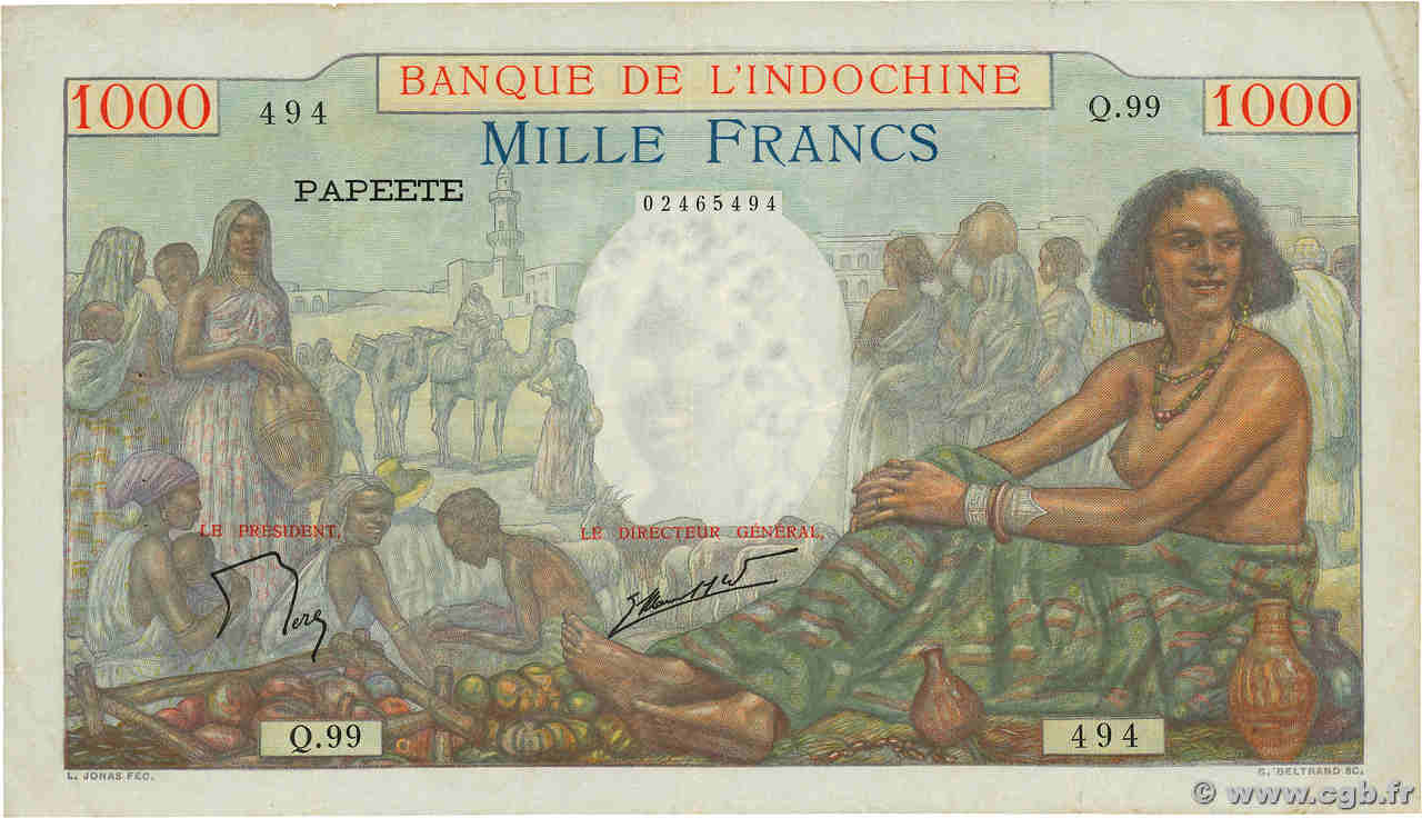 1000 Francs TAHITI  1940 P.15c fSS