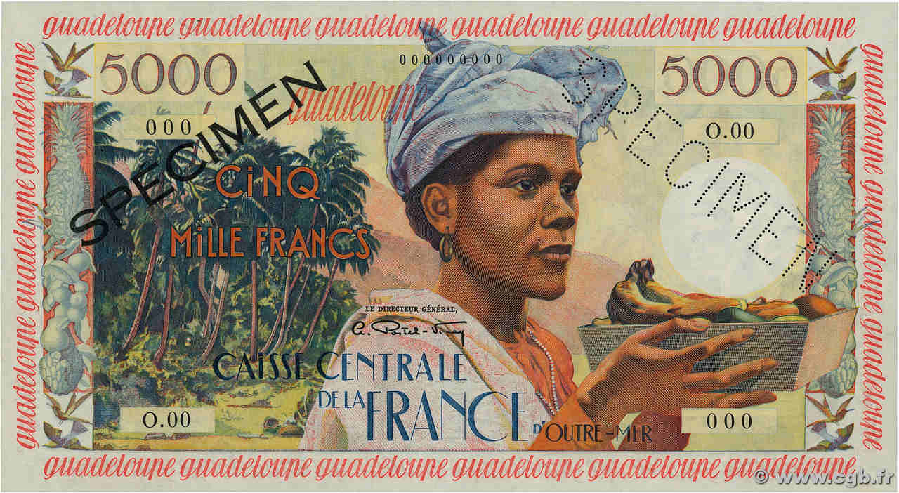 5000 Francs antillaise Spécimen GUADELOUPE  1960 P.40s SPL