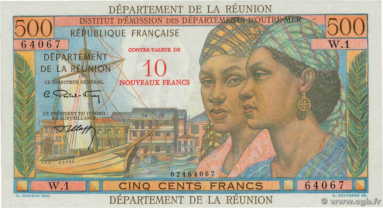 10 NF sur 500 Francs Pointe à Pitre ISLA DE LA REUNIóN  1971 P.54b SC+