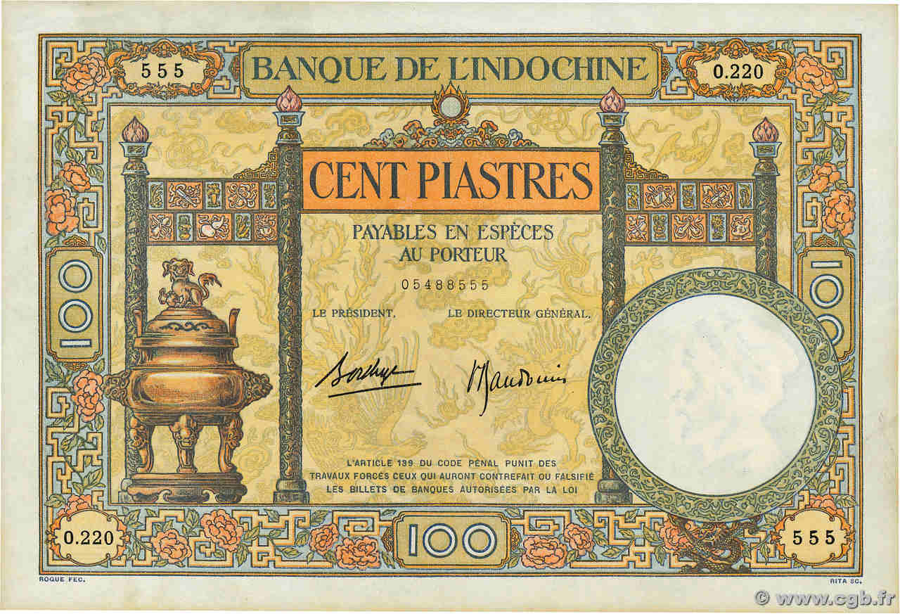 100 Piastres INDOCHINE FRANÇAISE  1936 P.051d SUP+