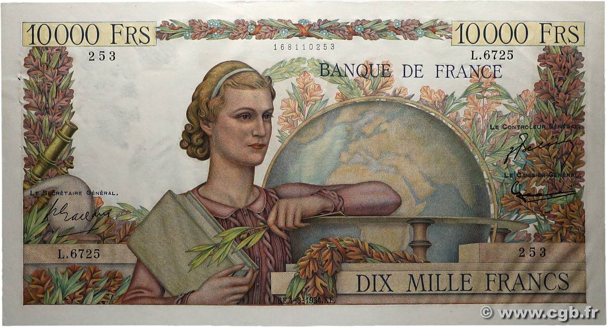 10000 Francs GÉNIE FRANÇAIS FRANCE  1954 F.50.70 SUP