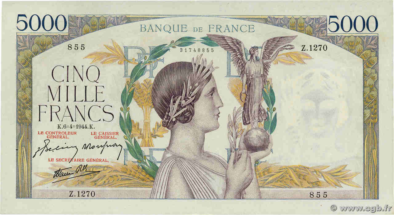 5000 Francs VICTOIRE Impression à plat FRANCE  1944 F.46.51 XF