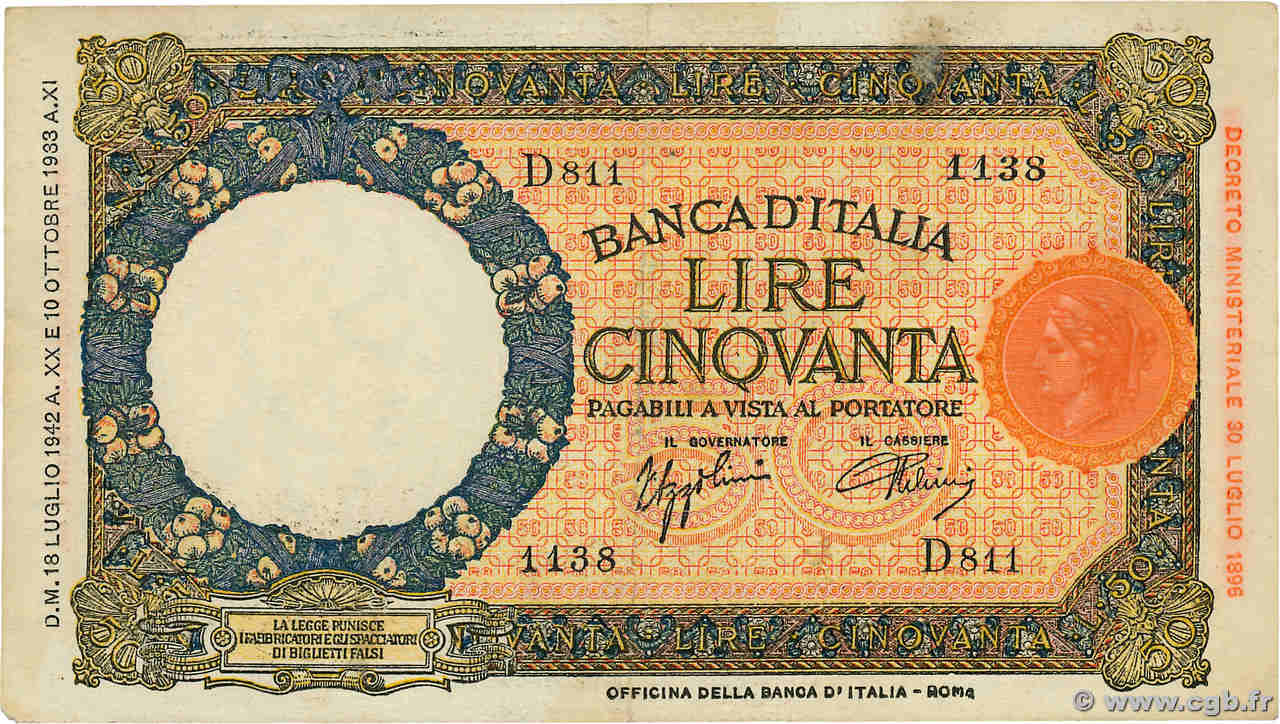 50 Lire ITALIA  1942 P.057 q.SPL