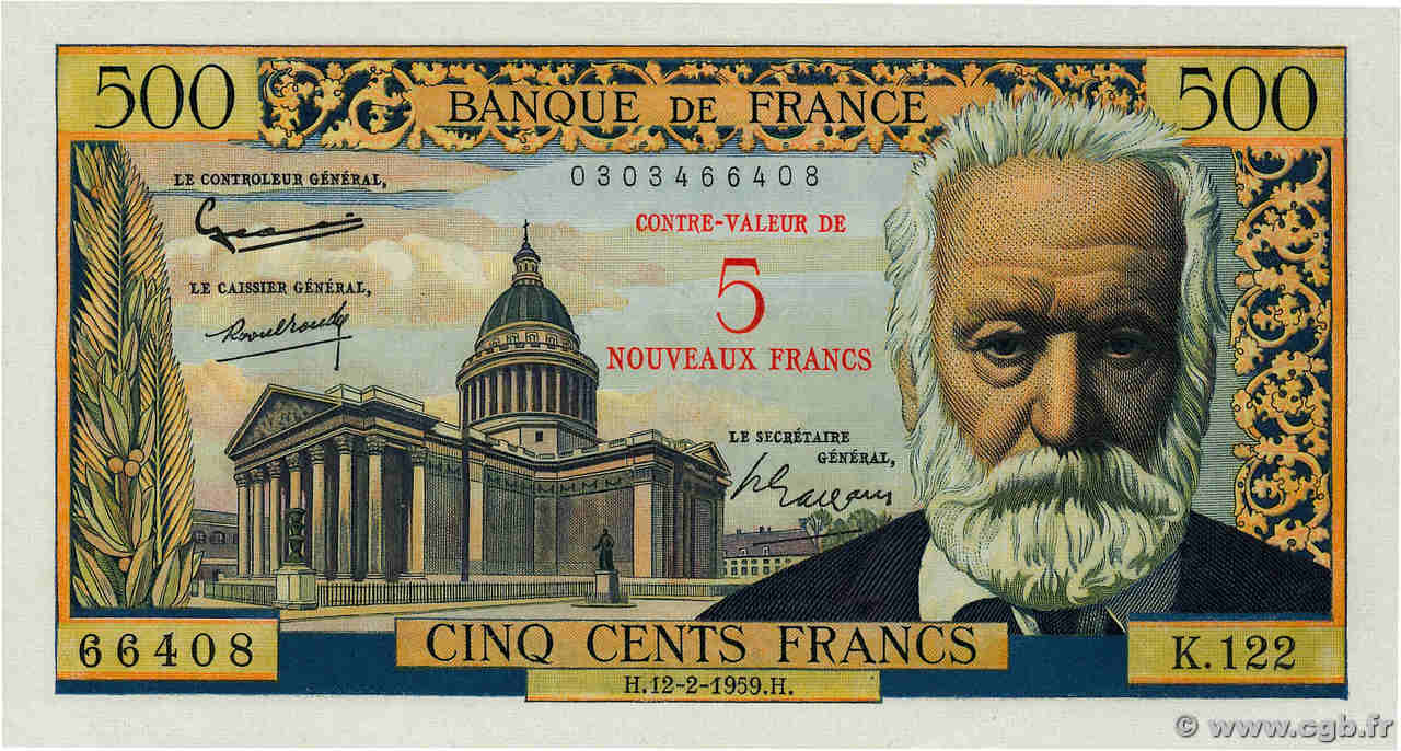 5 NF sur 500 Francs Victor HUGO FRANCE  1959 F.52.02 SPL+