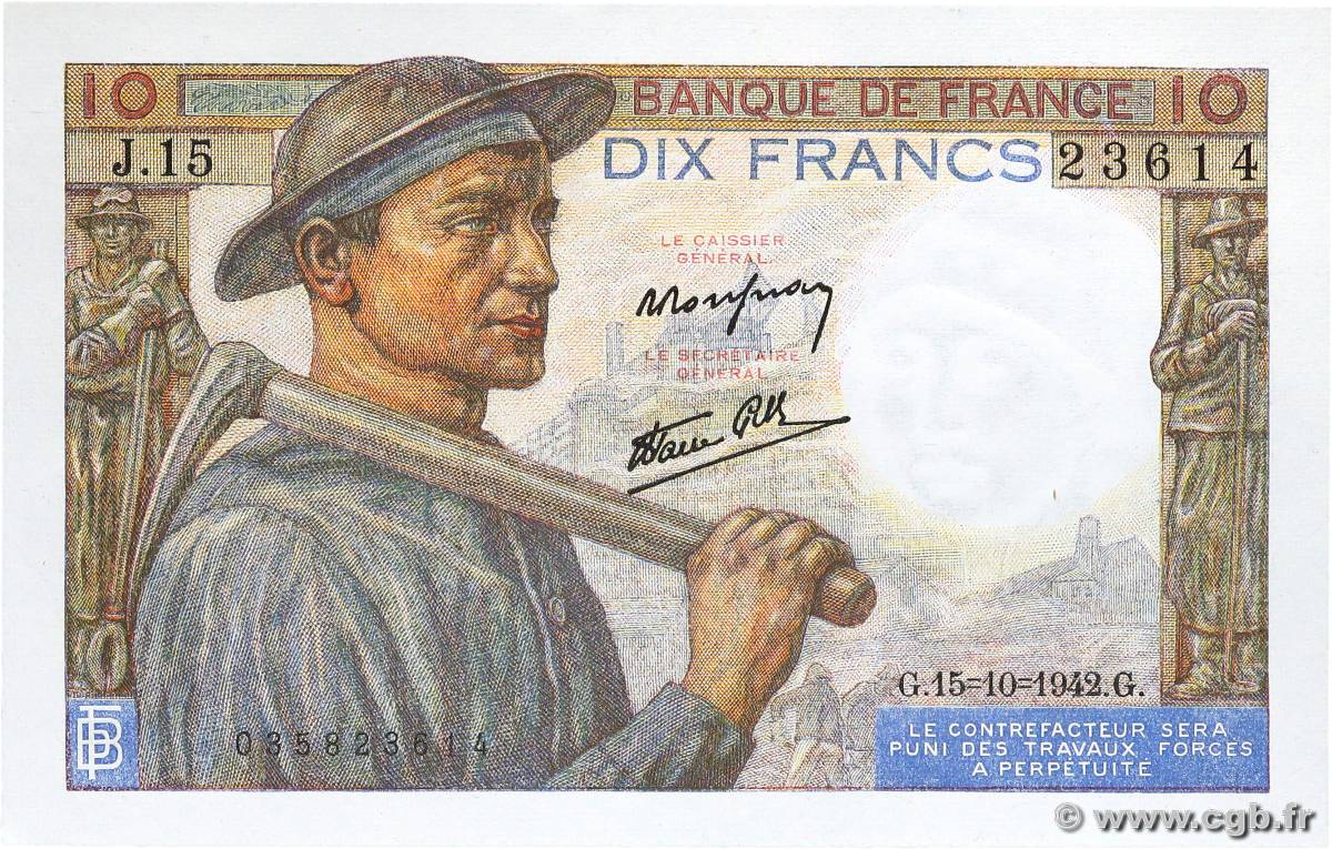 10 Francs MINEUR FRANCE  1942 F.08.04 NEUF