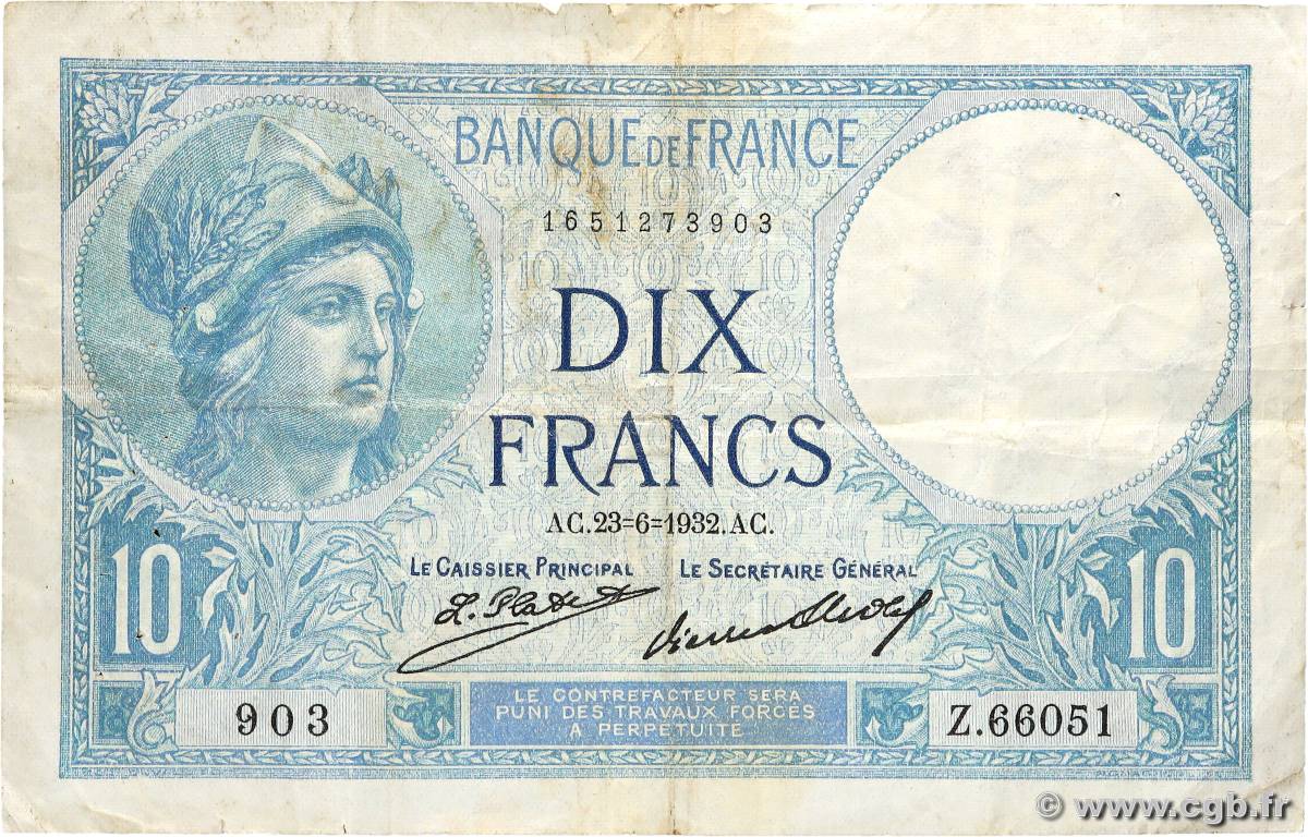 10 Francs MINERVE FRANCE  1932 F.06.16 TB+