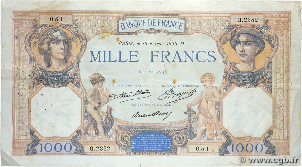 1000 Francs CÉRÈS ET MERCURE FRANCE  1933 F.37.08 TB