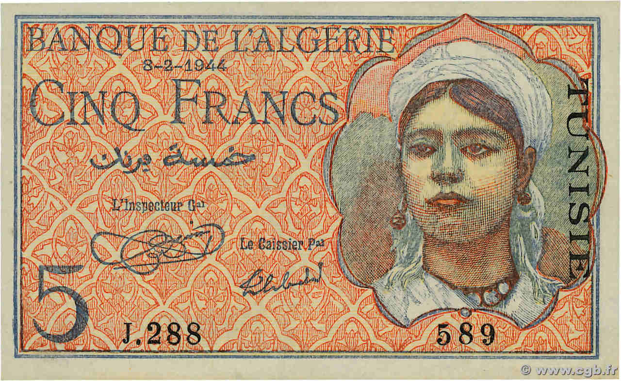 5 Francs TúNEZ  1944 P.15 SC