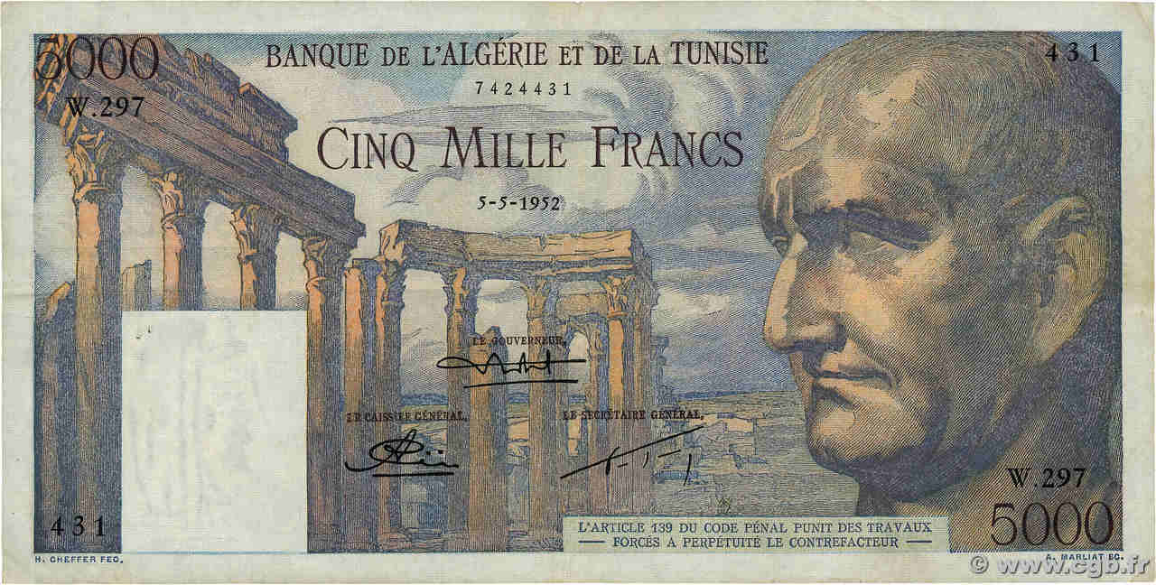 5000 Francs TUNISIA  1952 P.30 F+