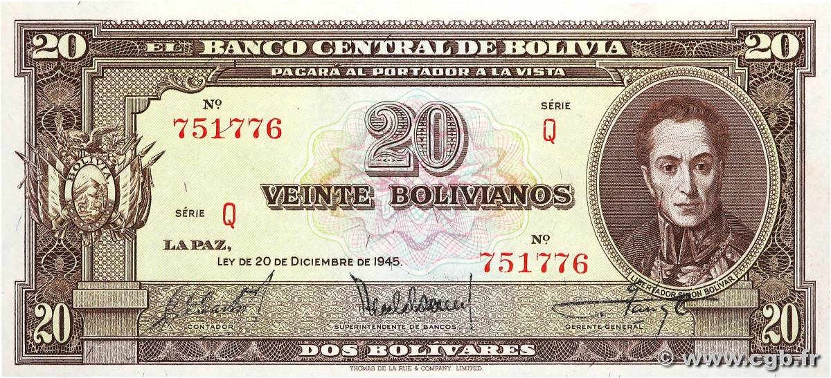 20 Bolivianos BOLIVIA  1945 P.140a UNC-