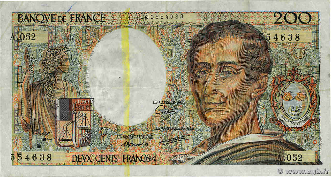 200 Francs MONTESQUIEU Fauté FRANCIA  1987 F.70.07 BC+