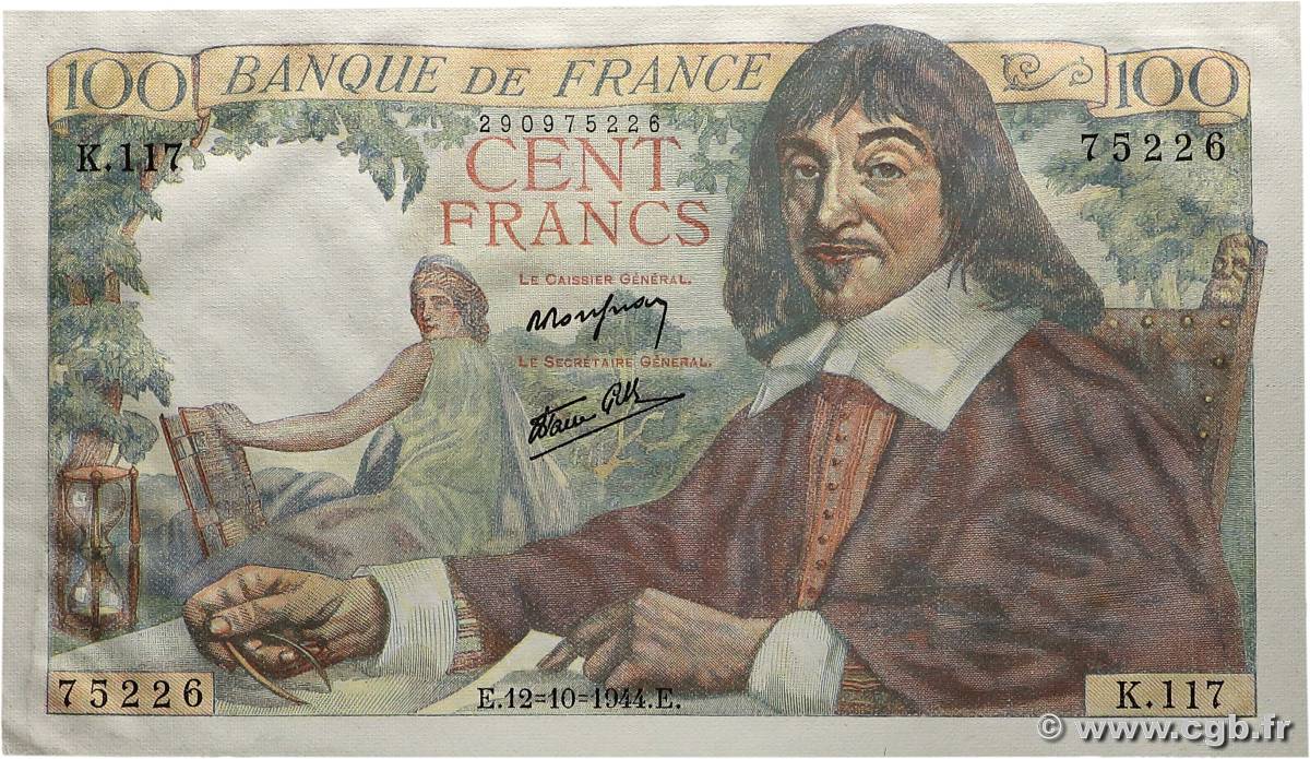 100 Francs DESCARTES FRANCE  1944 F.27.08 pr.NEUF