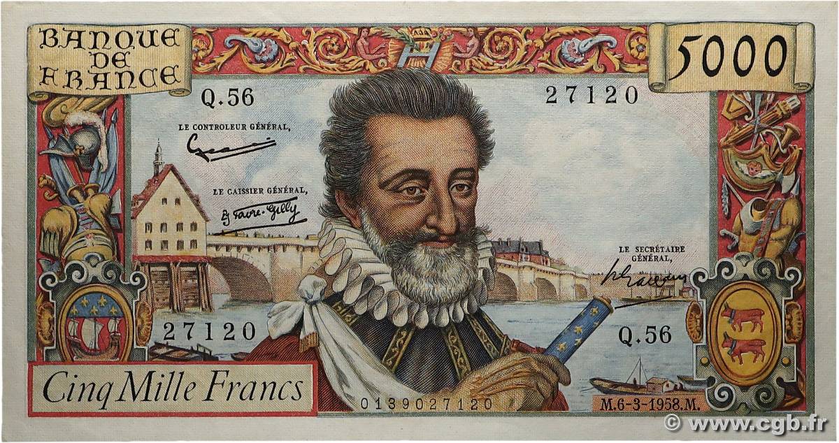5000 Francs HENRI IV FRANCE  1958 F.49.06 SUP+