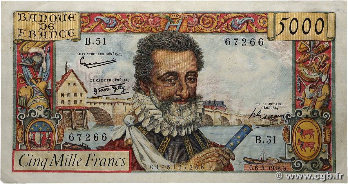 5000 Francs HENRI IV FRANCE  1958 F.49.06 TTB+