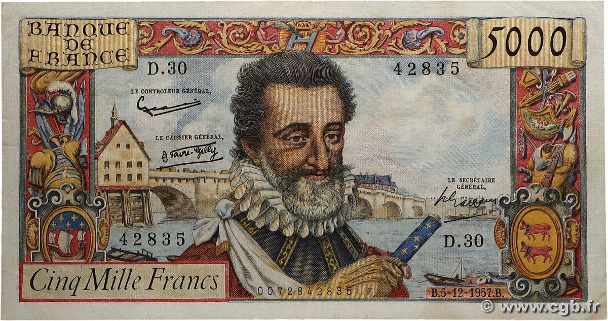 5000 Francs HENRI IV FRANCE  1957 F.49.04 TTB