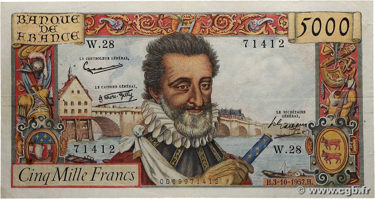 5000 Francs HENRI IV FRANCE  1957 F.49.03 TB+