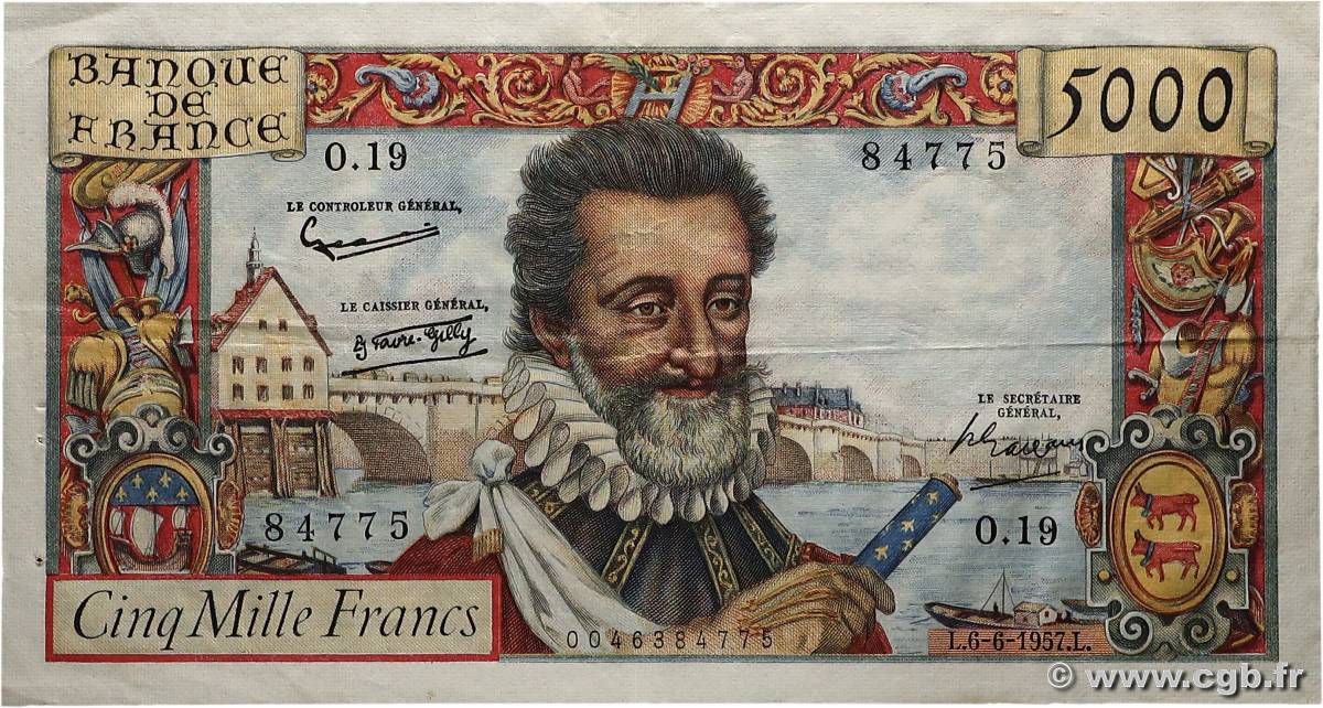5000 Francs HENRI IV FRANCE  1957 F.49.02 TTB+