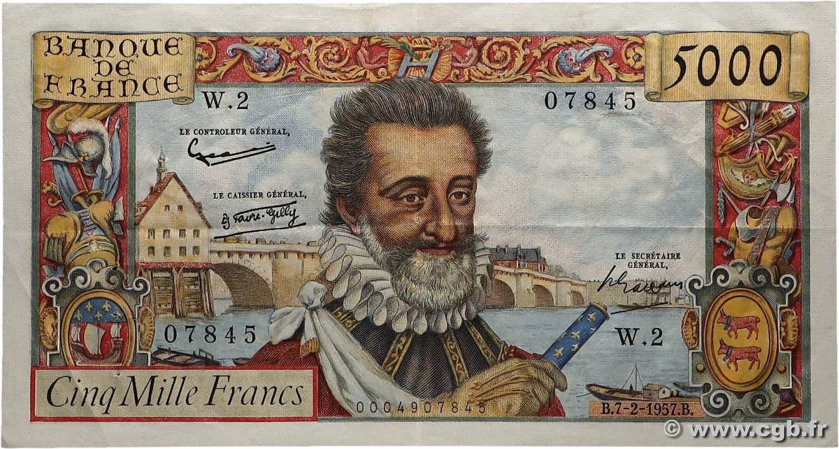 5000 Francs HENRI IV FRANCE  1957 F.49.01 TTB+