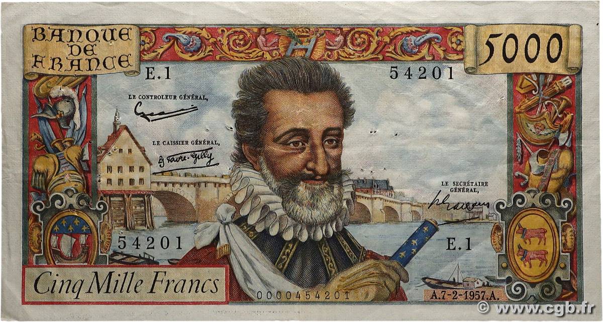 5000 Francs HENRI IV Petit numéro FRANCE  1957 F.49.01 TTB