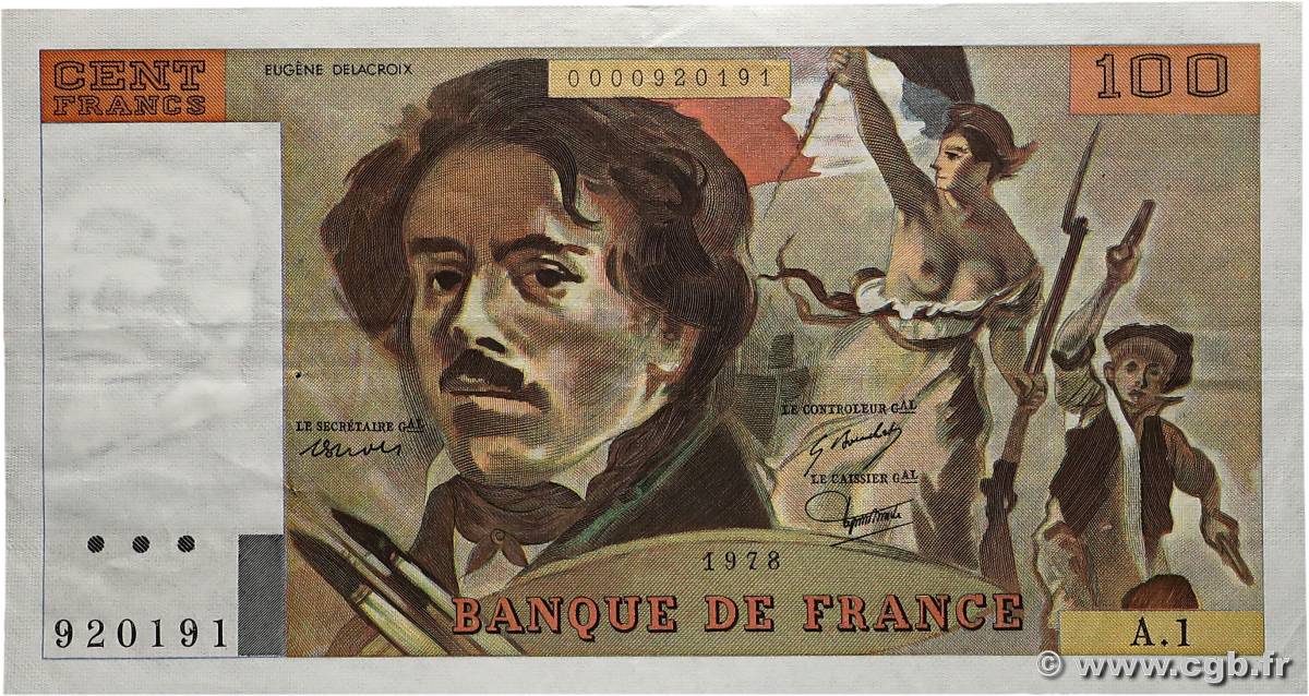 100 Francs DELACROIX FRANCE  1978 F.68.01A1 TTB+