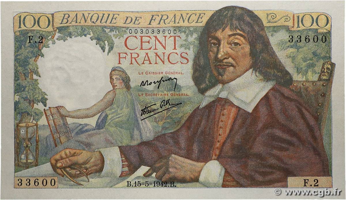 100 Francs DESCARTES FRANCE  1942 F.27.01 SPL