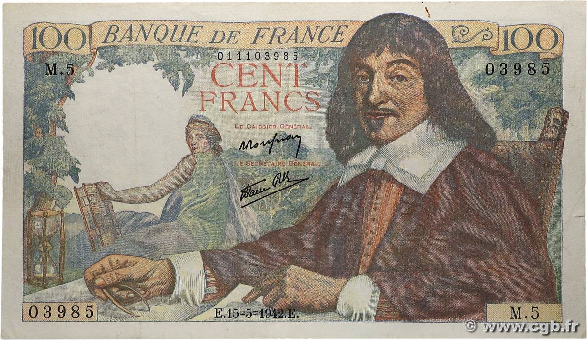 100 Francs DESCARTES FRANCE  1942 F.27.01 TTB