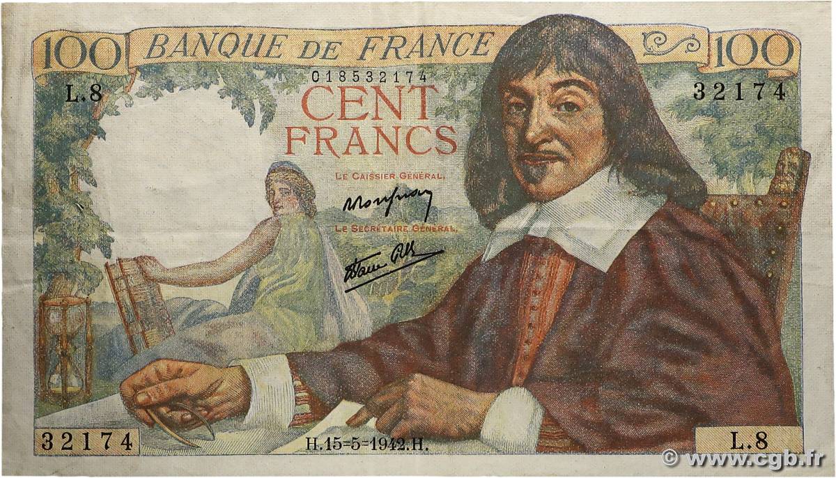 100 Francs DESCARTES FRANCE  1942 F.27.01 TTB