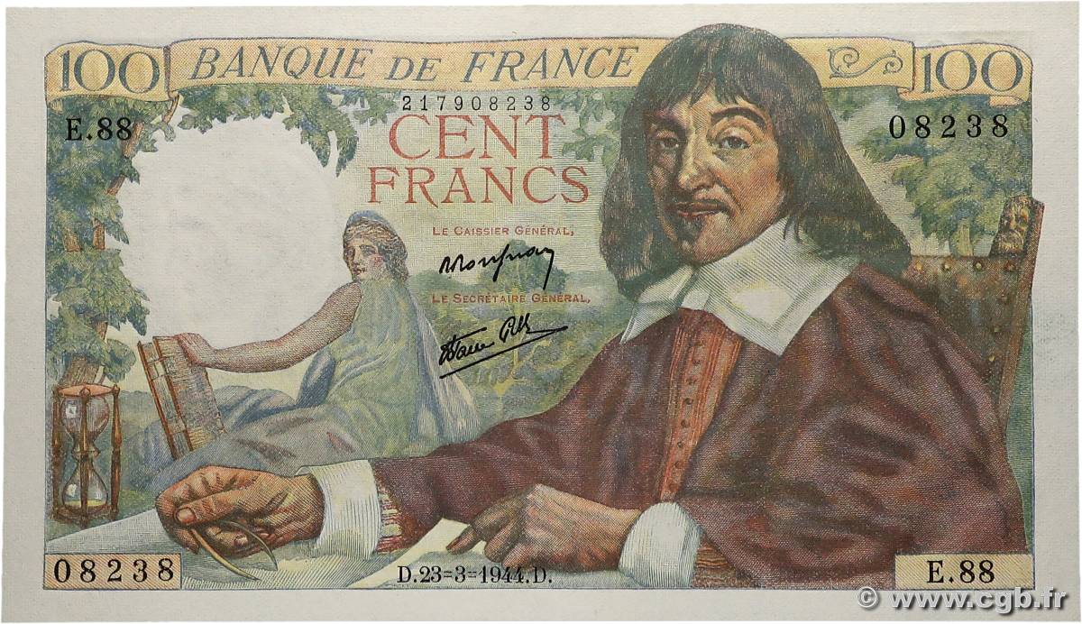 100 Francs DESCARTES FRANCE  1944 F.27.05 NEUF