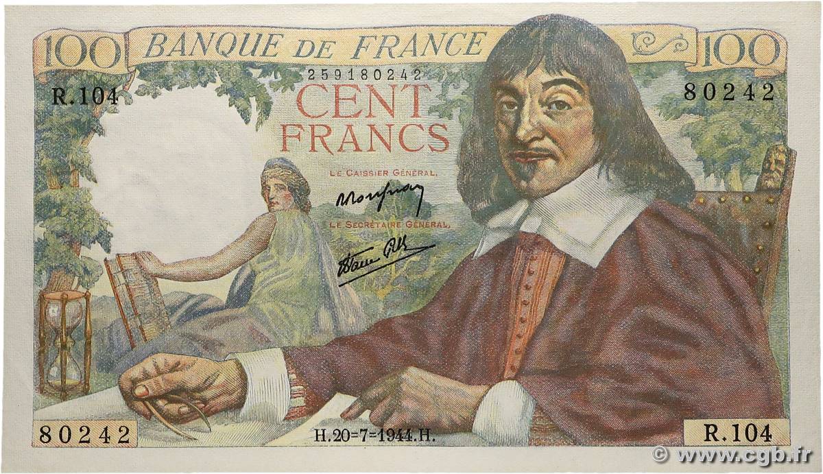 100 Francs DESCARTES FRANCE  1944 F.27.06 pr.NEUF