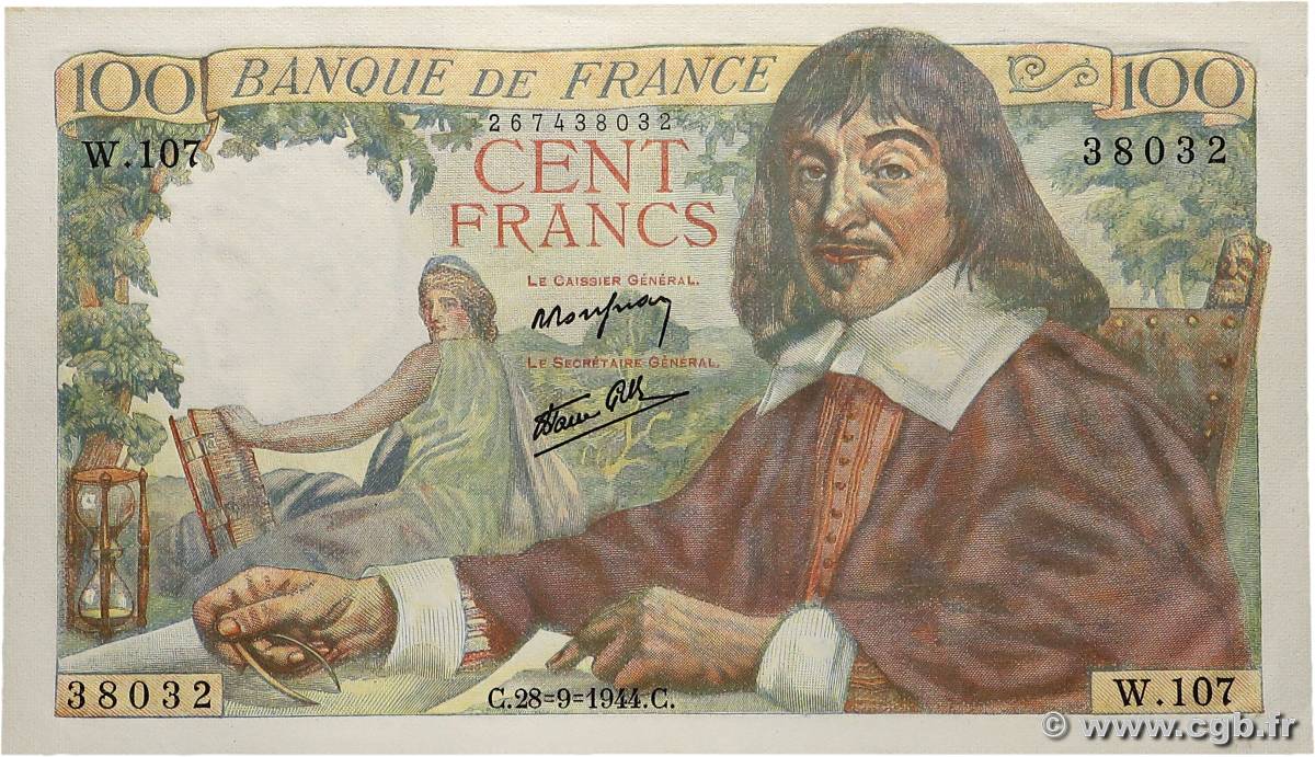 100 Francs DESCARTES FRANCE  1944 F.27.07 pr.NEUF