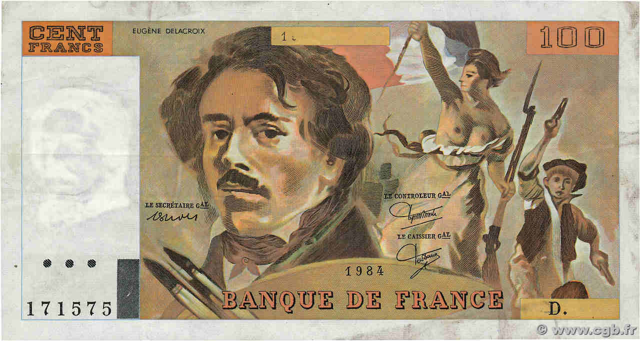 100 Francs DELACROIX modifié Fauté FRANCE  1984 F.69.08b TB+