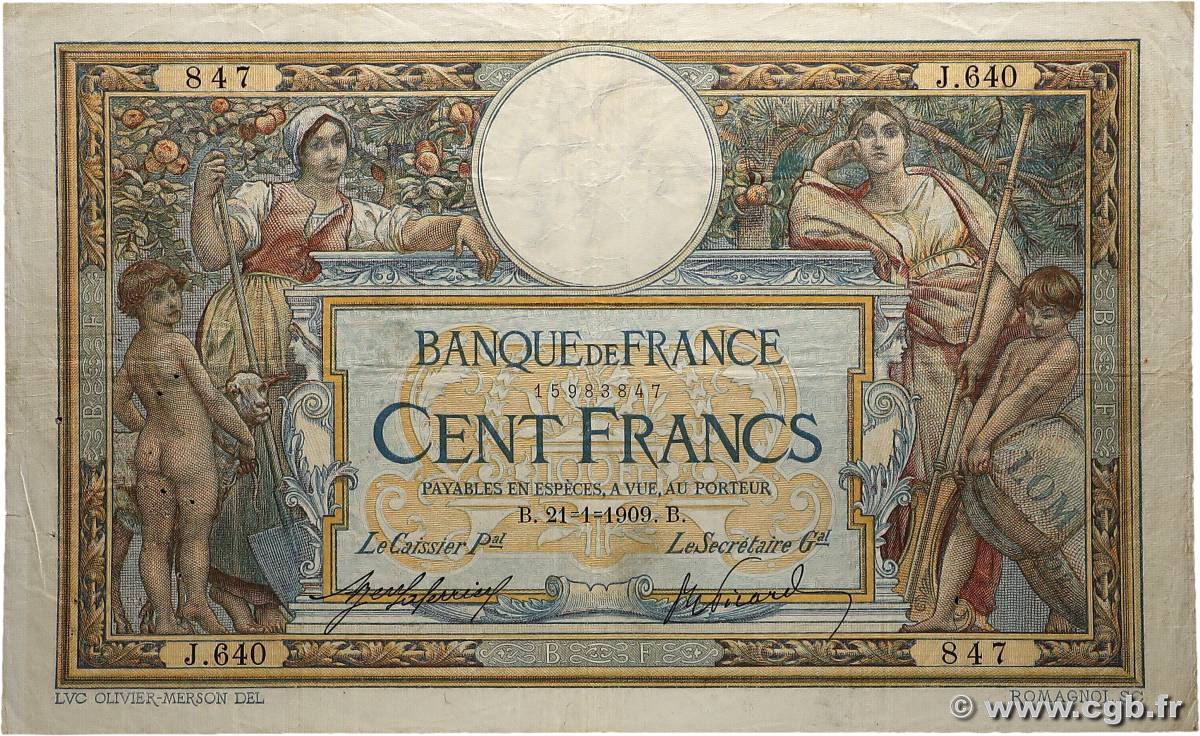 100 Francs LUC OLIVIER MERSON avec LOM FRANCE  1909 F.22.02 TB