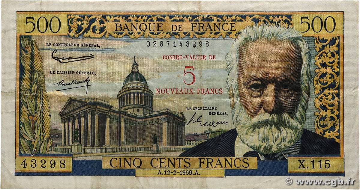 5 NF sur 500 Francs Victor HUGO FRANCIA  1959 F.52.02 BC