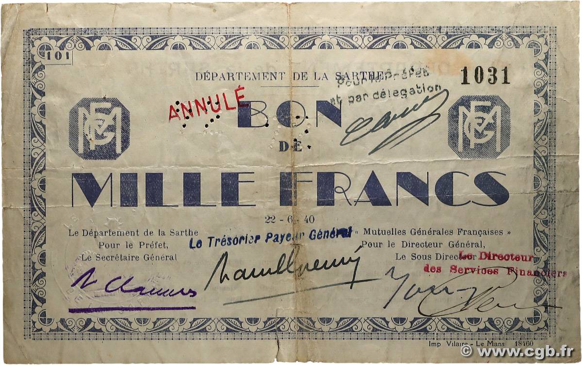 1000 Francs Annulé FRANCE regionalismo e varie Le Mans 1940 BU40.02 MB